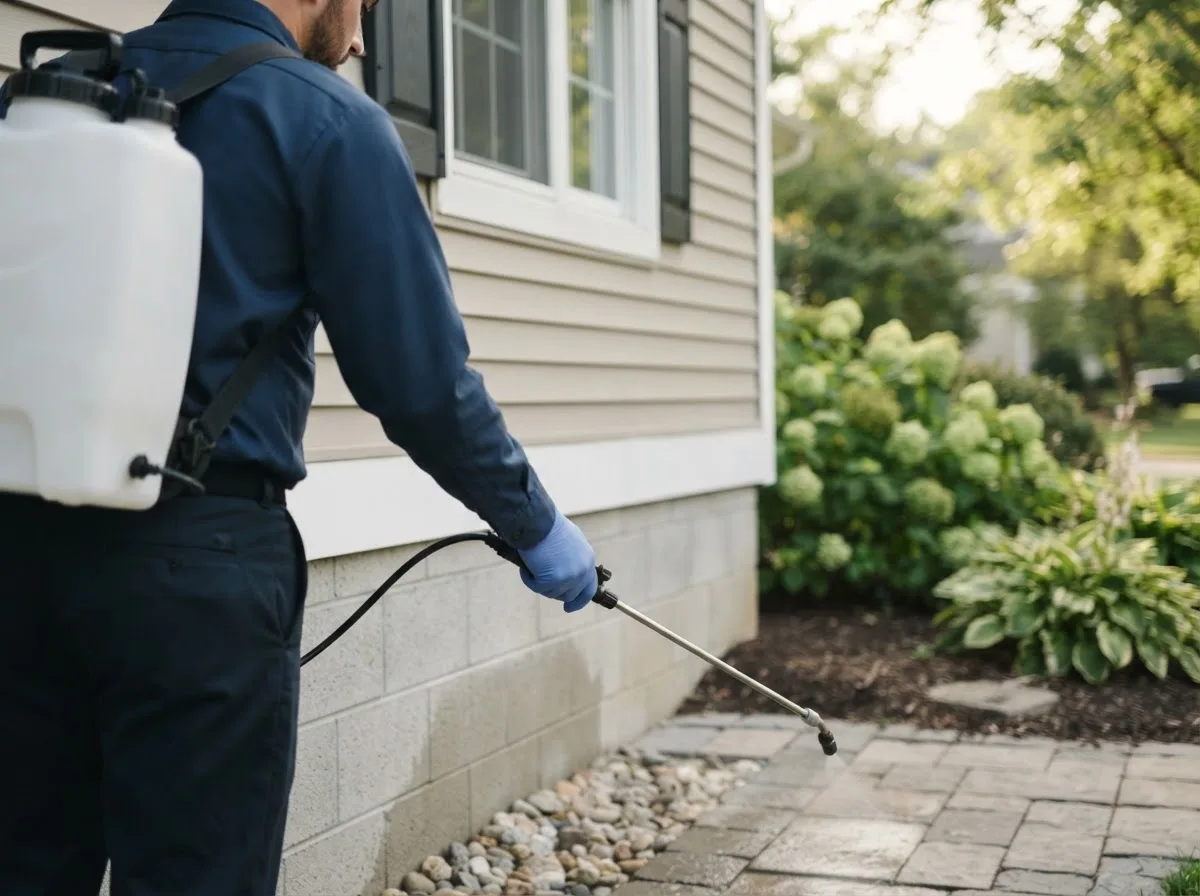 Pest control technician inspecting a home in Sumner, IA